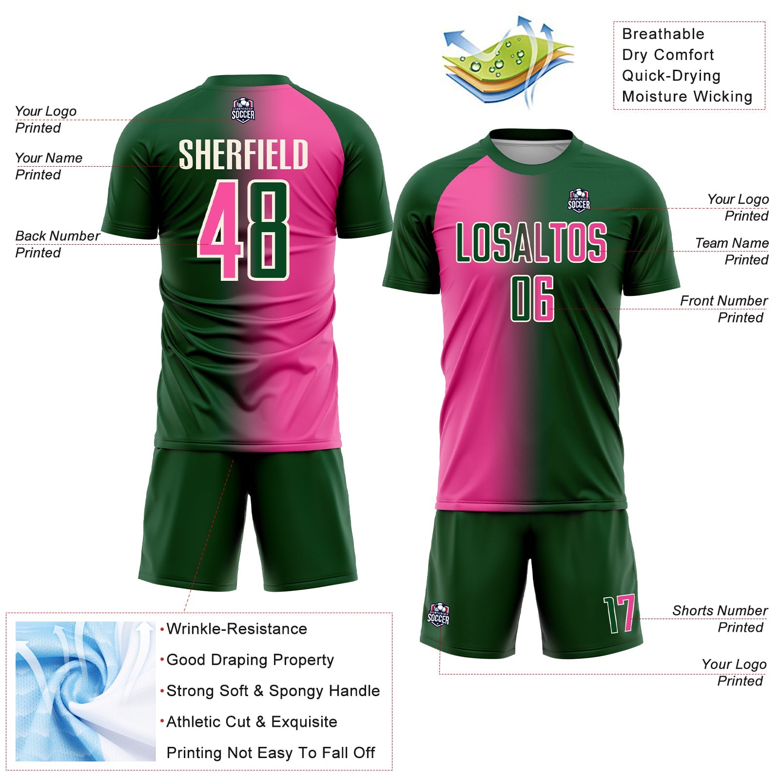Custom Green Pink-Cream Sublimation Gradient Fashion Soccer Uniform Jersey