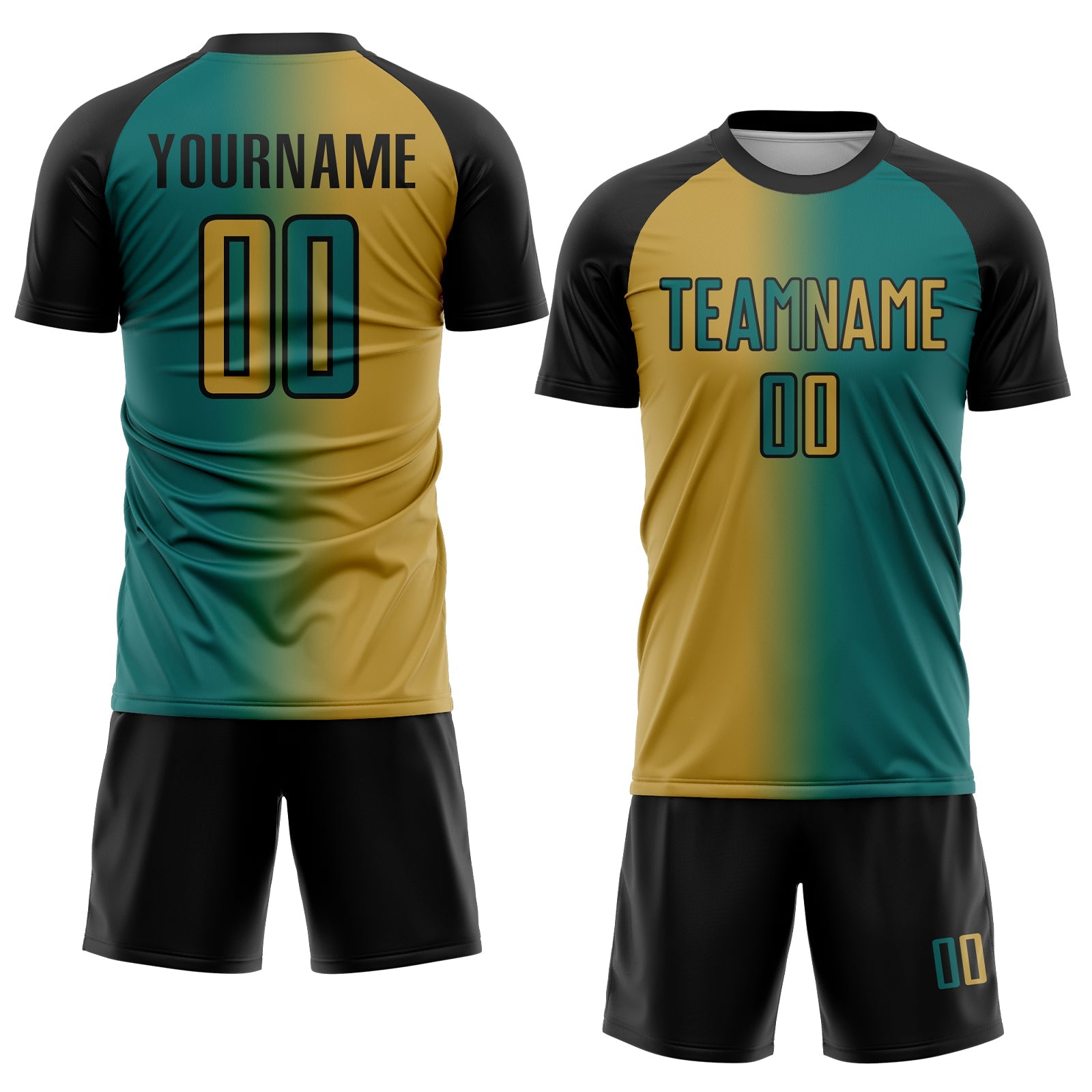 Custom Teal Old Gold-Black Sublimation Gradient Fashion Soccer Uniform Jersey