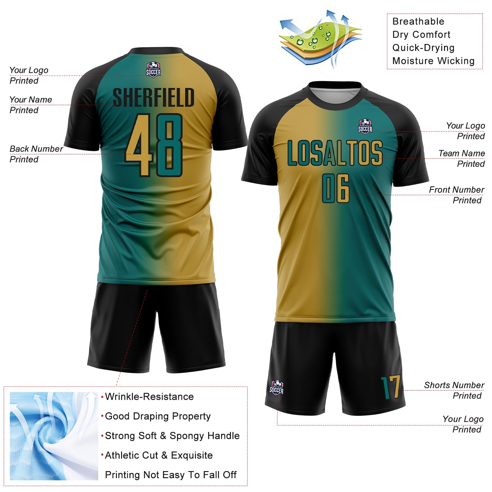 Custom Teal Old Gold-Black Sublimation Gradient Fashion Soccer Uniform Jersey