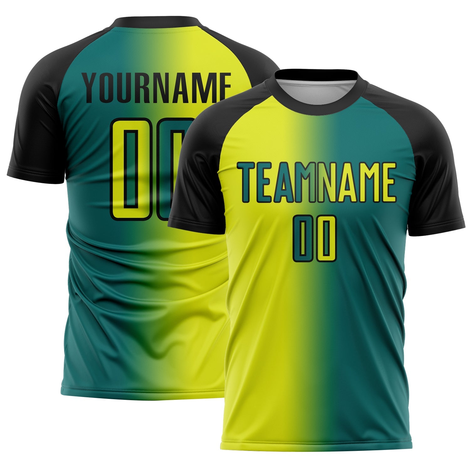 Custom Teal Neon Yellow-Black Sublimation Gradient Fashion Soccer Uniform Jersey