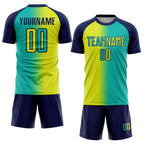 Custom Aqua Neon Yellow-Navy Sublimation Gradient Fashion Soccer Uniform Jersey