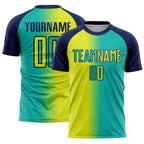 Custom Aqua Neon Yellow-Navy Sublimation Gradient Fashion Soccer Uniform Jersey