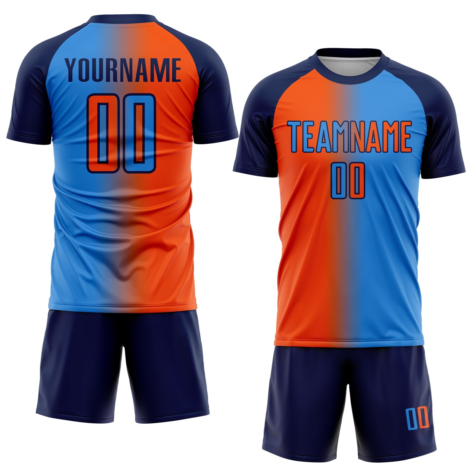 Custom Powder Blue Orange-Navy Sublimation Gradient Fashion Soccer Uniform Jersey