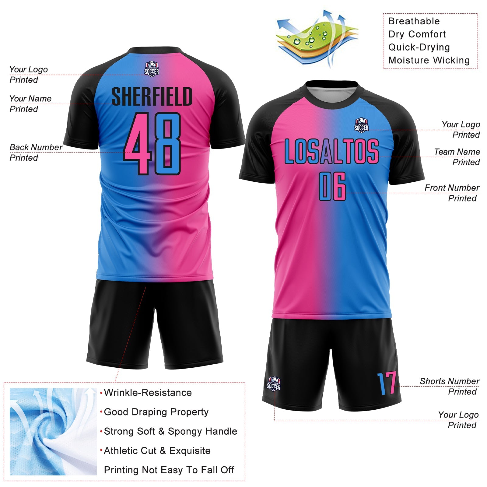 Custom Powder Blue Pink-Black Sublimation Gradient Fashion Soccer Uniform Jersey