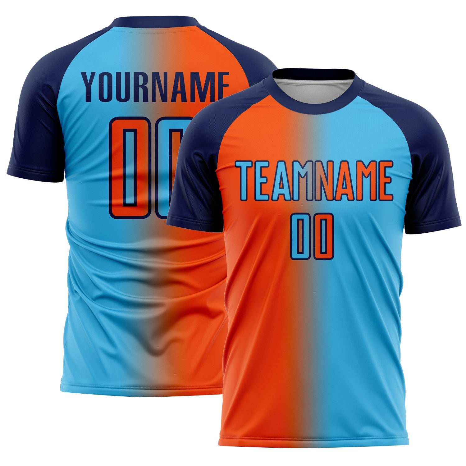Custom Sky Blue Orange-Navy Sublimation Gradient Fashion Soccer Uniform Jersey