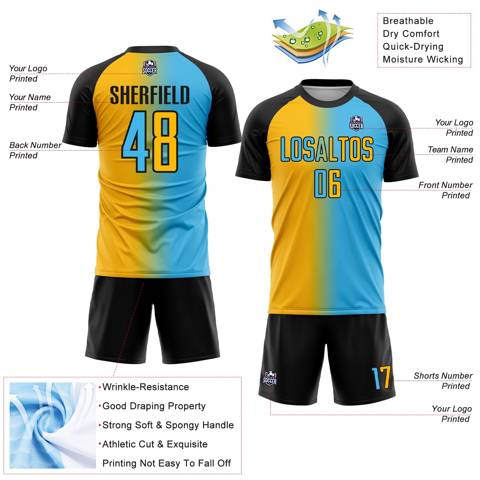 Custom Sky Blue Gold-Black Sublimation Gradient Fashion Soccer Uniform Jersey