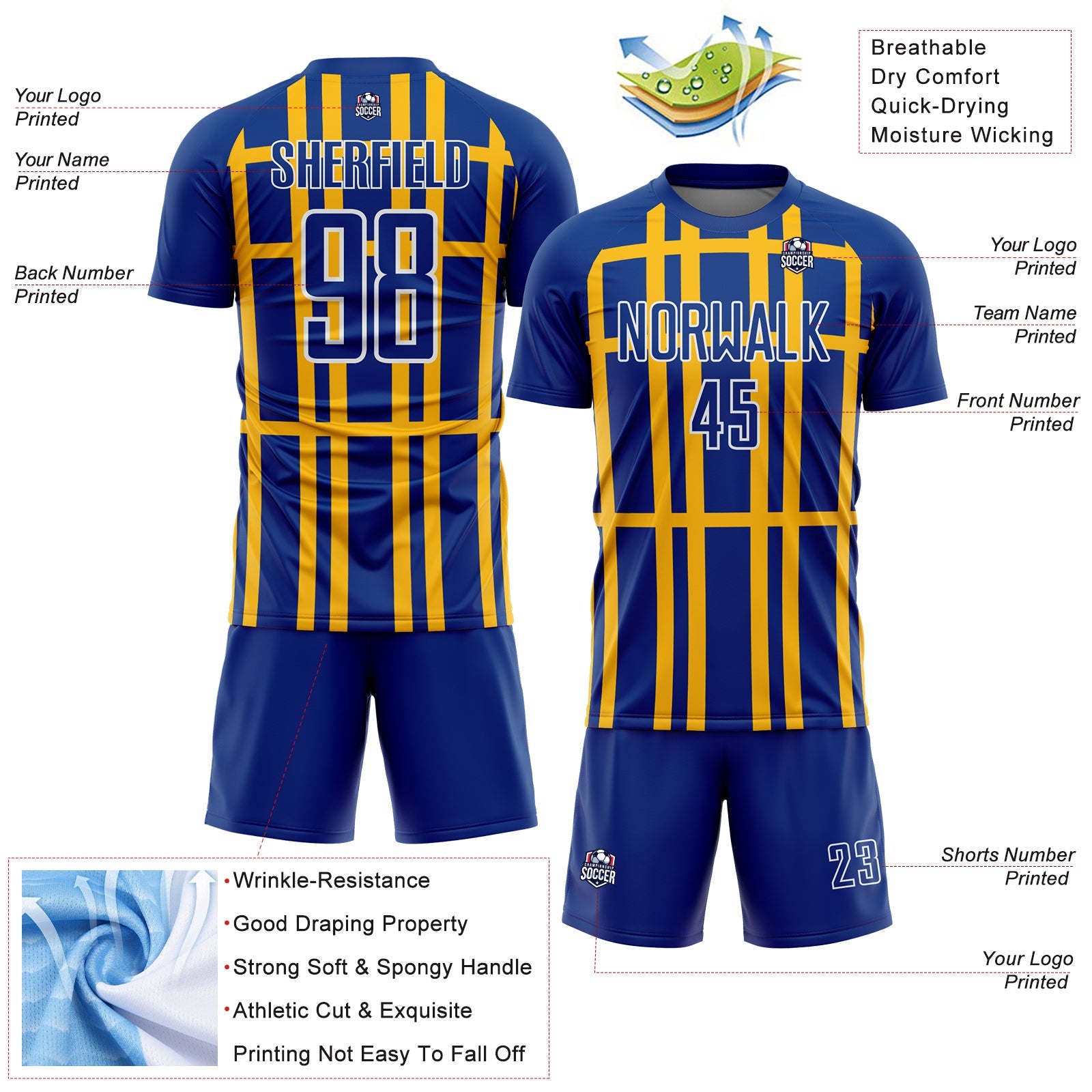 Custom Royal Gold-White Stripe Line Sublimation Soccer Uniform Jersey