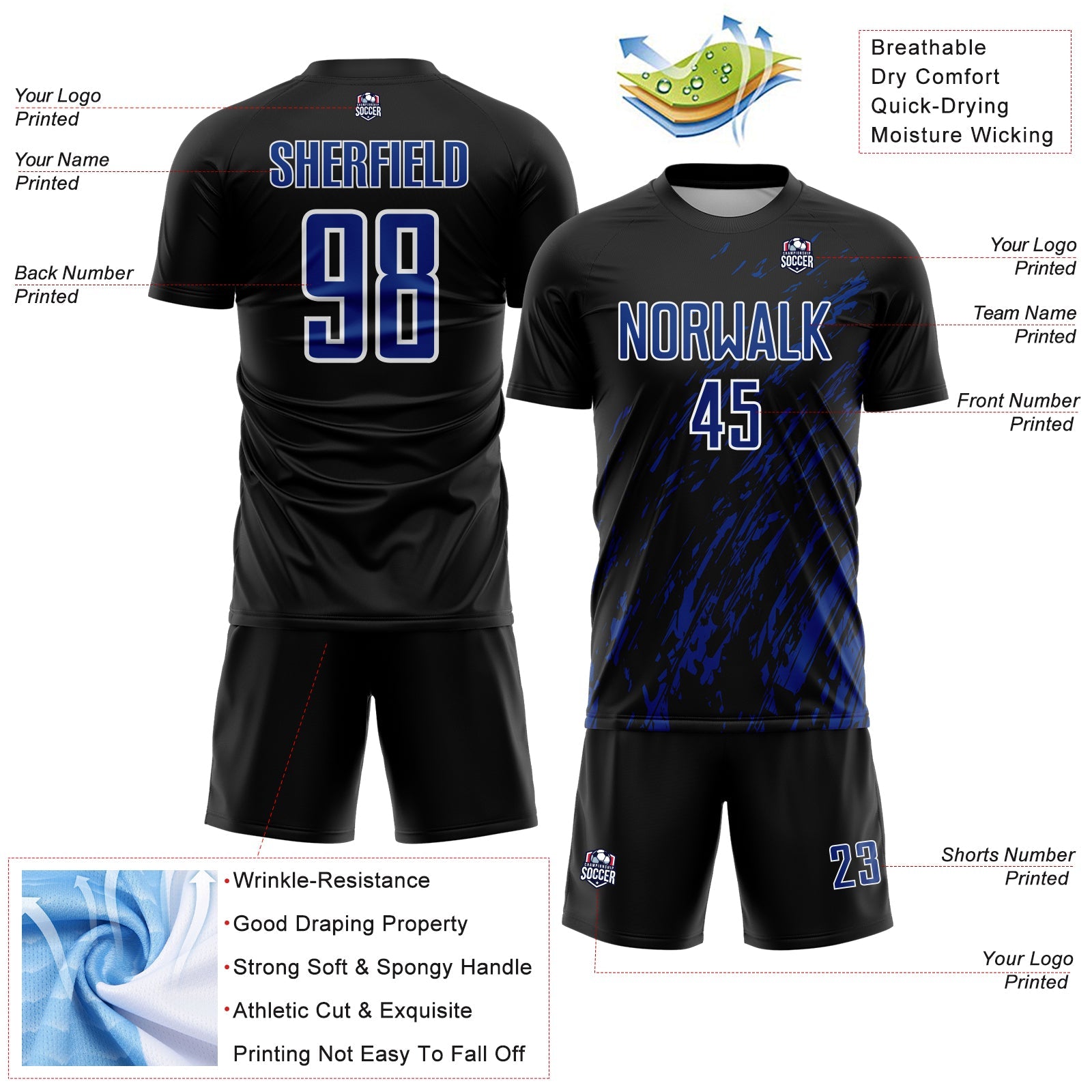 Custom Black Royal-White Splash Sublimation Soccer Uniform Jersey