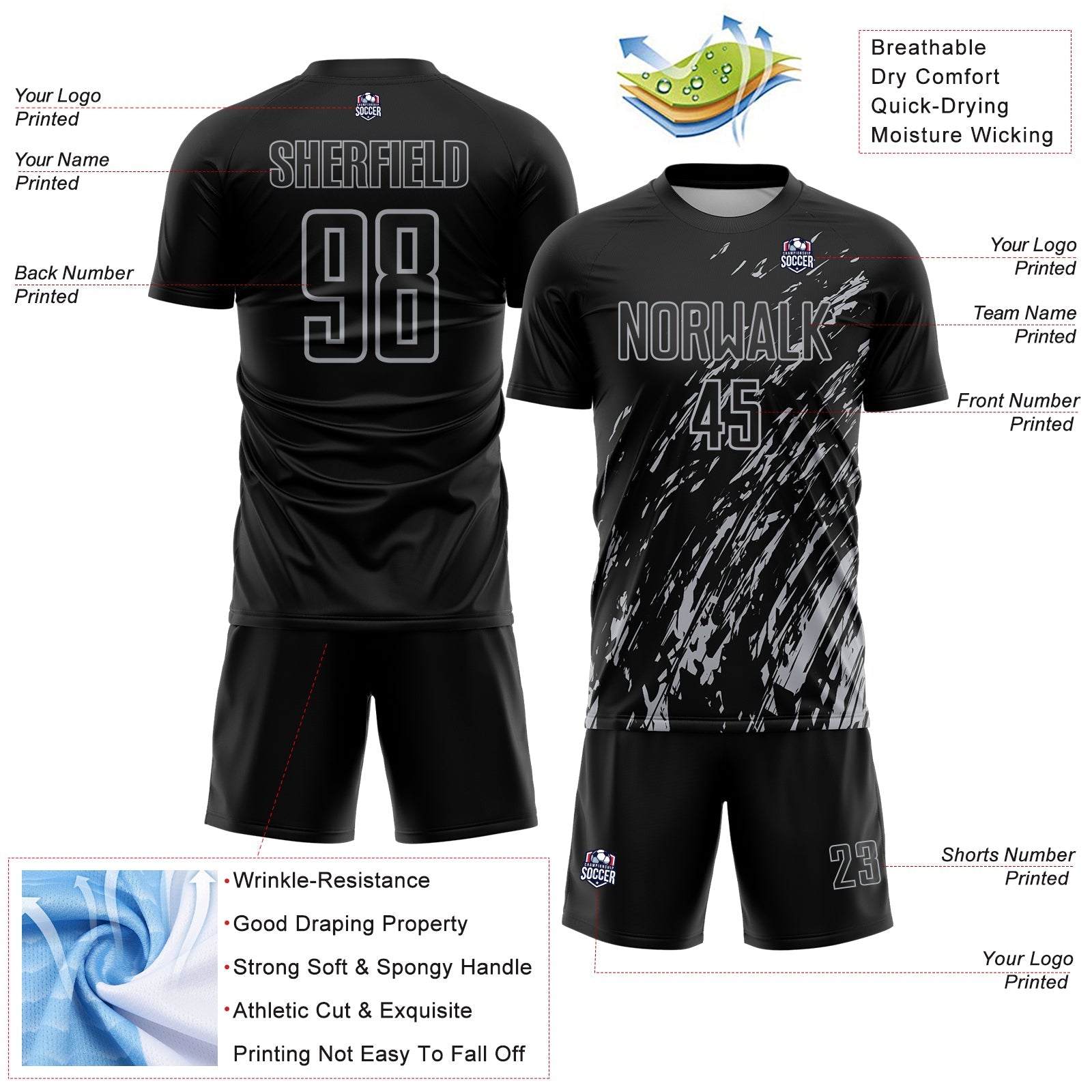 Custom Black Gray Splash Sublimation Soccer Uniform Jersey