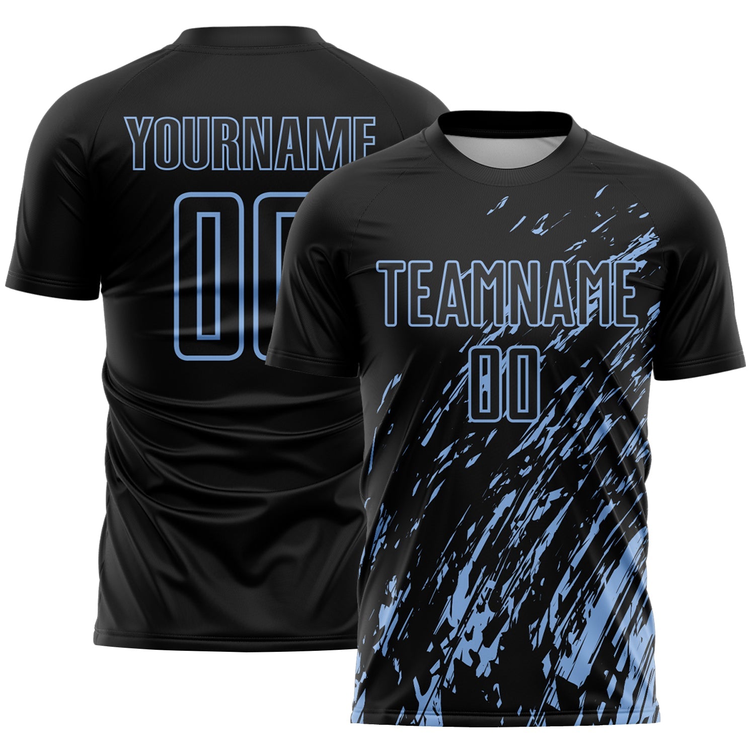 Custom Black Light Blue Splash Sublimation Soccer Uniform Jersey