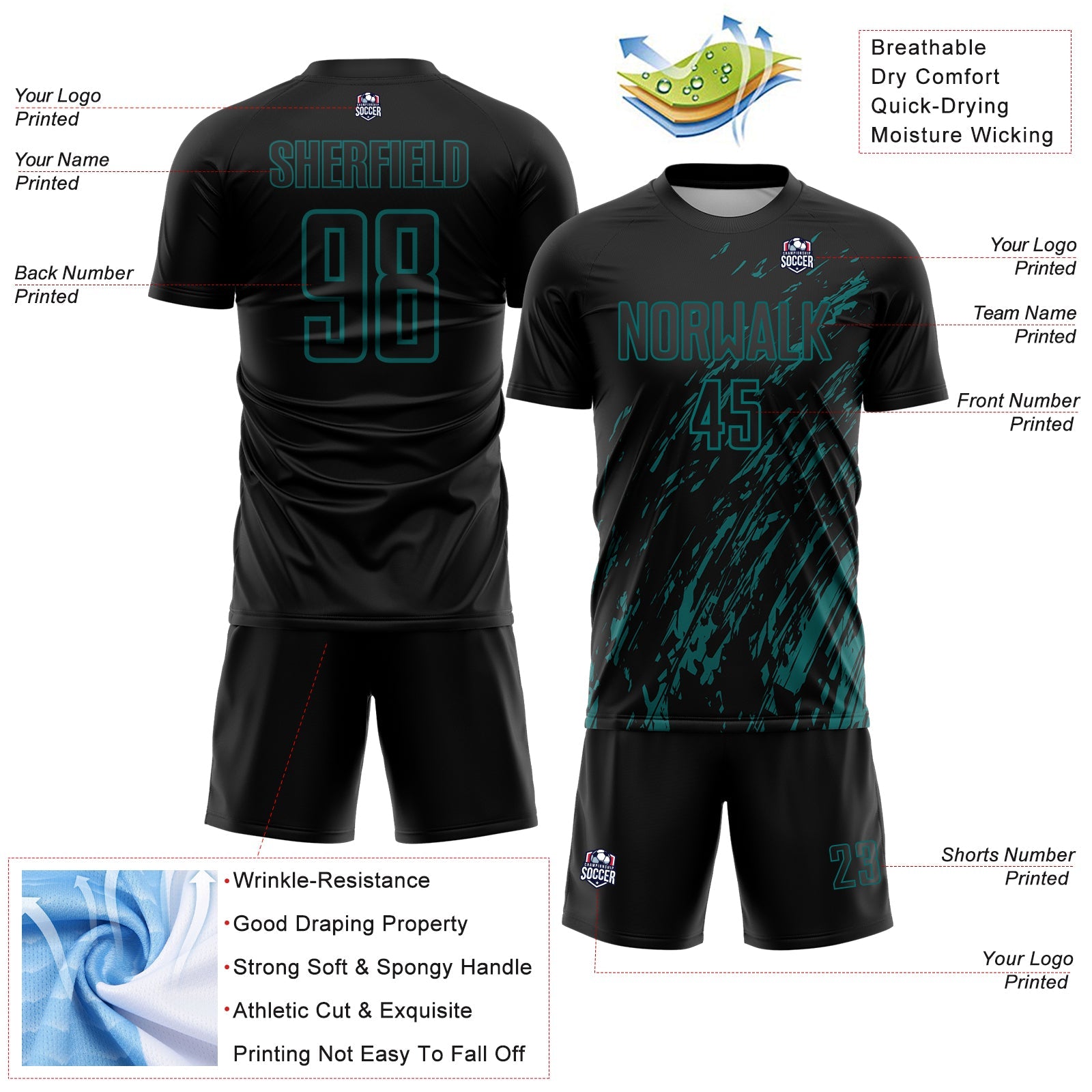 Custom Black Teal Splash Sublimation Soccer Uniform Jersey
