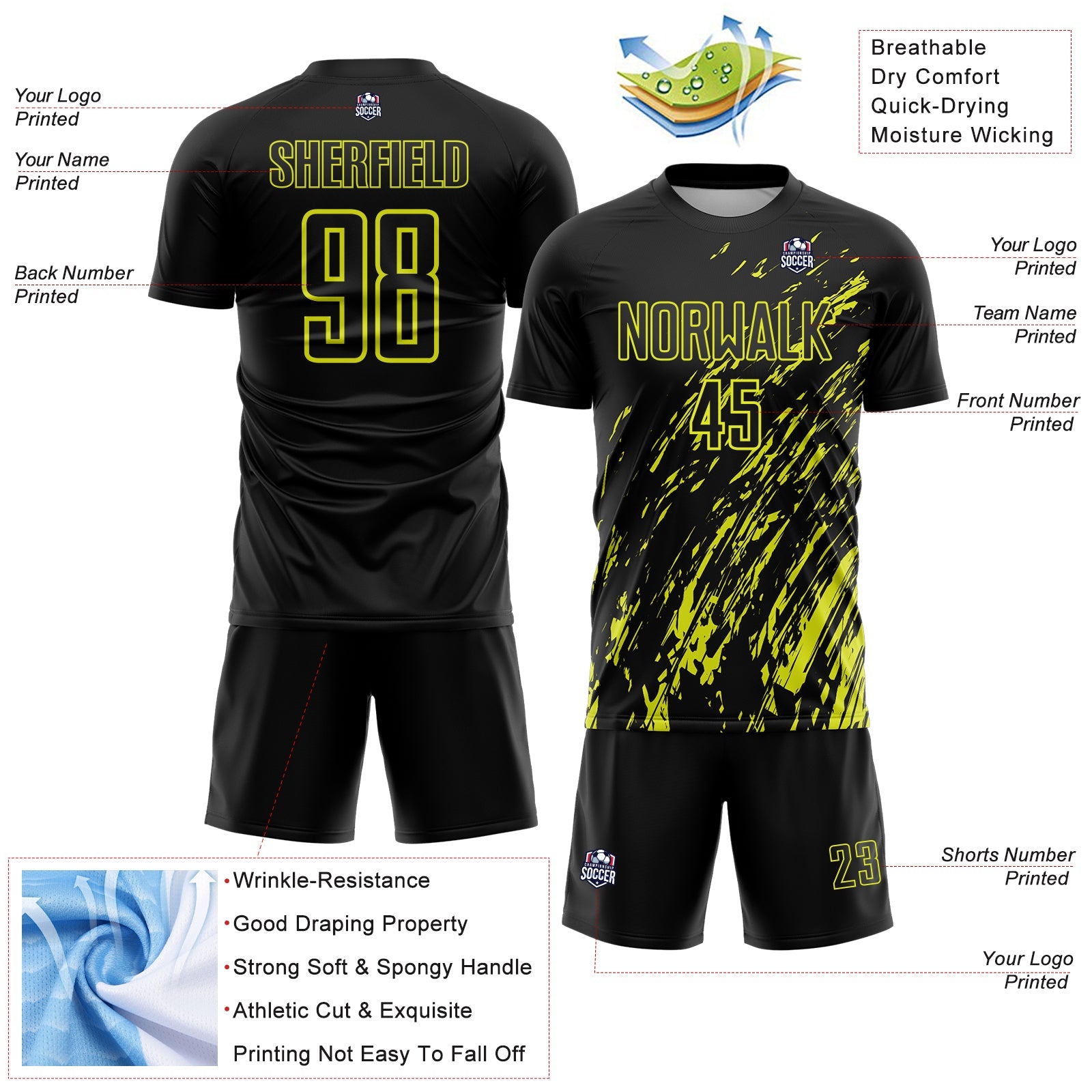 Custom Black Neon Yellow Splash Sublimation Soccer Uniform Jersey