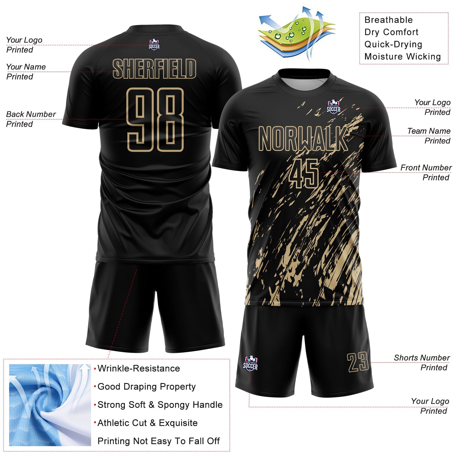Custom Black Vegas Gold Splash Sublimation Soccer Uniform Jersey