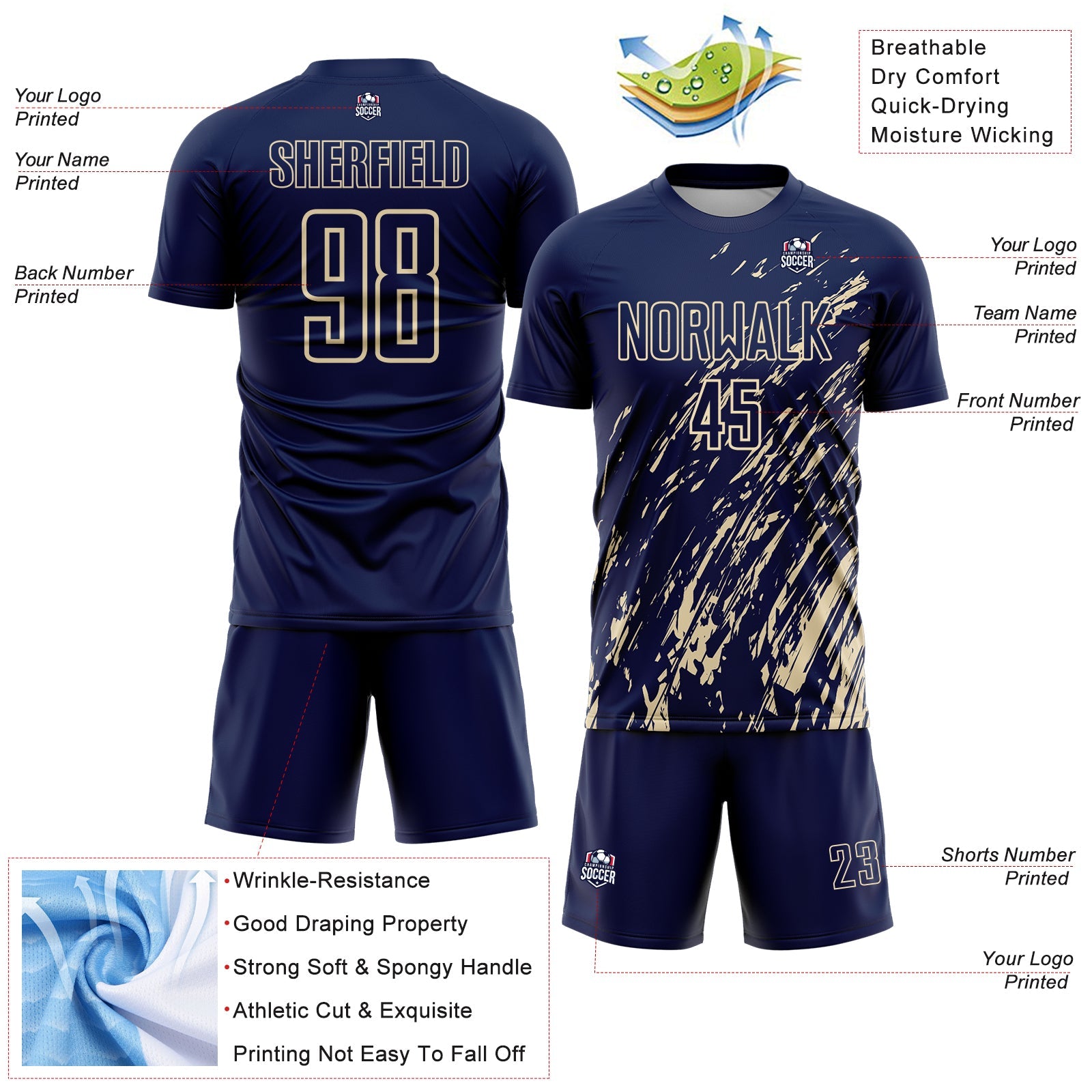 Custom Navy Cream Splash Sublimation Soccer Uniform Jersey