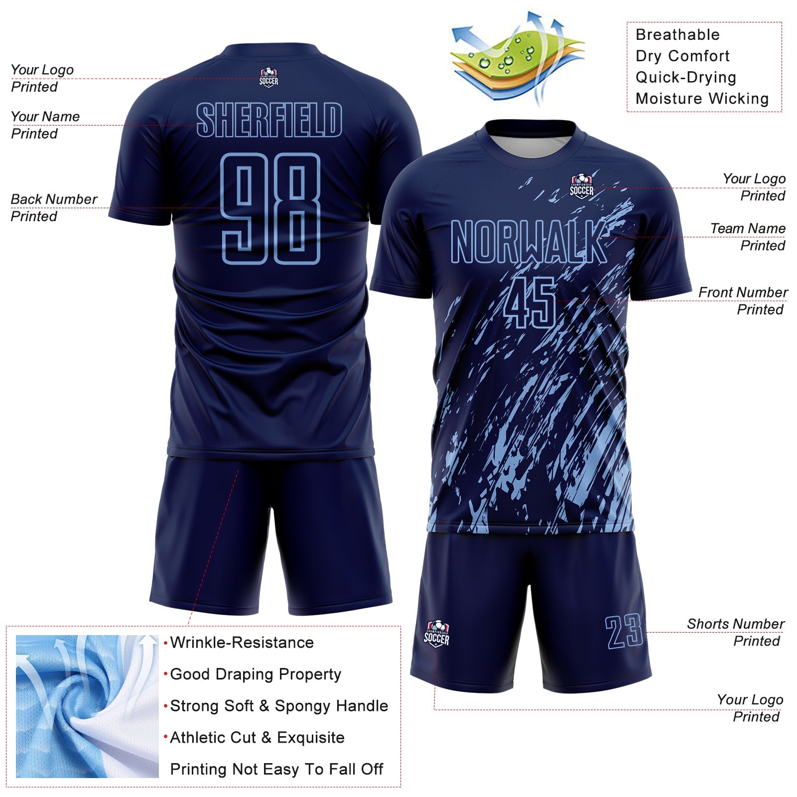 Custom Navy Light Blue Splash Sublimation Soccer Uniform Jersey