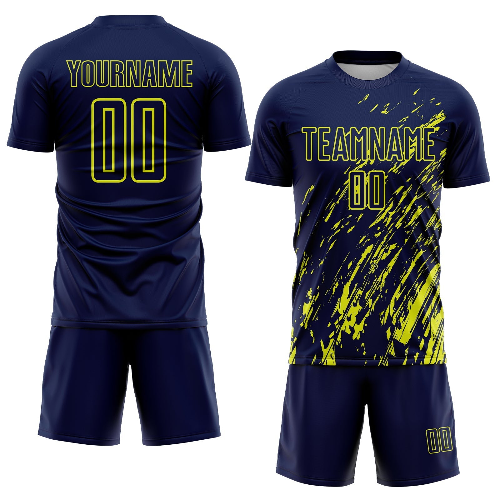 Custom Navy Neon Yellow Splash Sublimation Soccer Uniform Jersey
