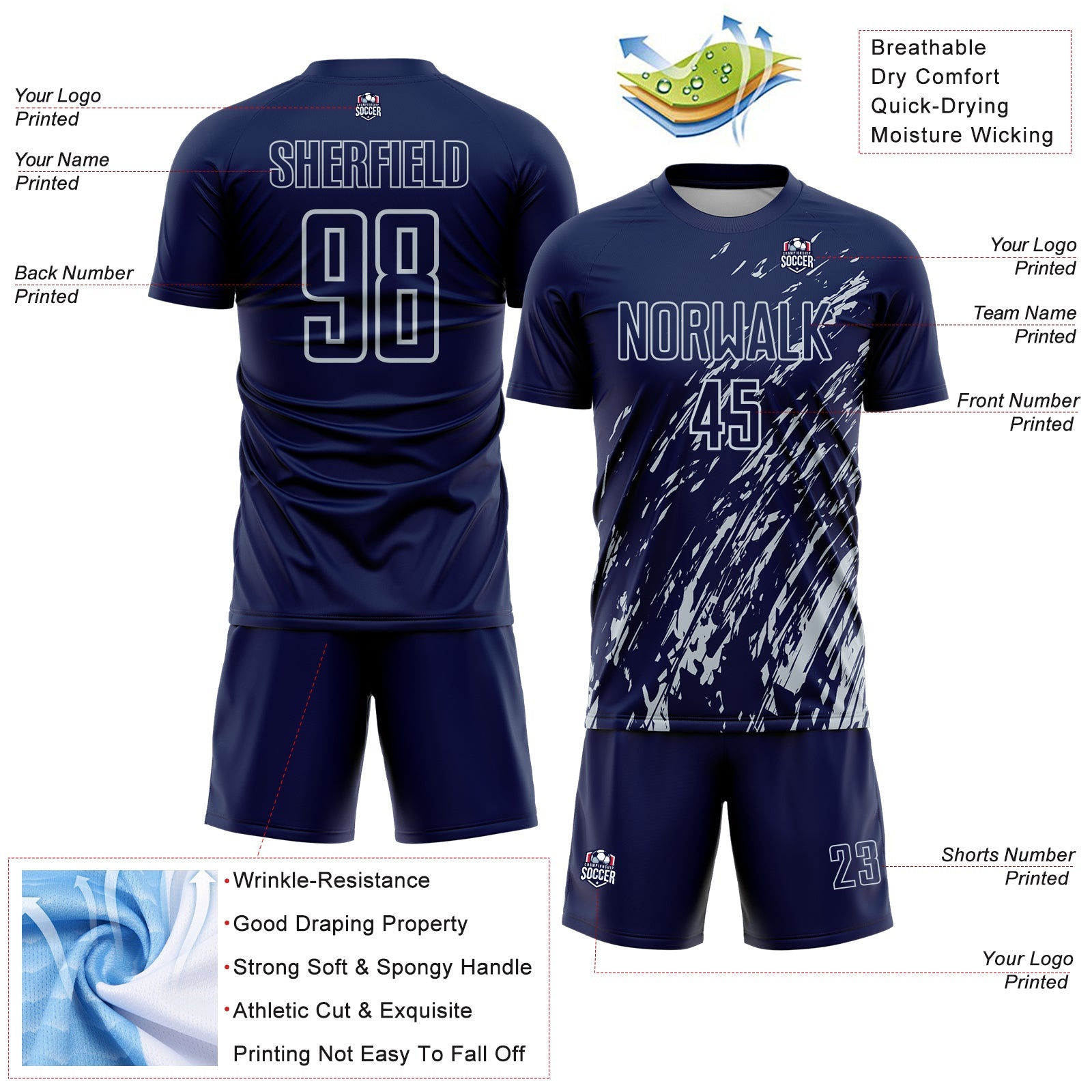 Custom Navy Silver Splash Sublimation Soccer Uniform Jersey