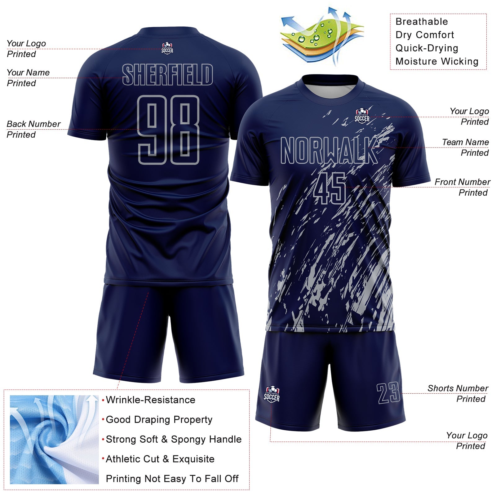 Custom Navy Gray Splash Sublimation Soccer Uniform Jersey