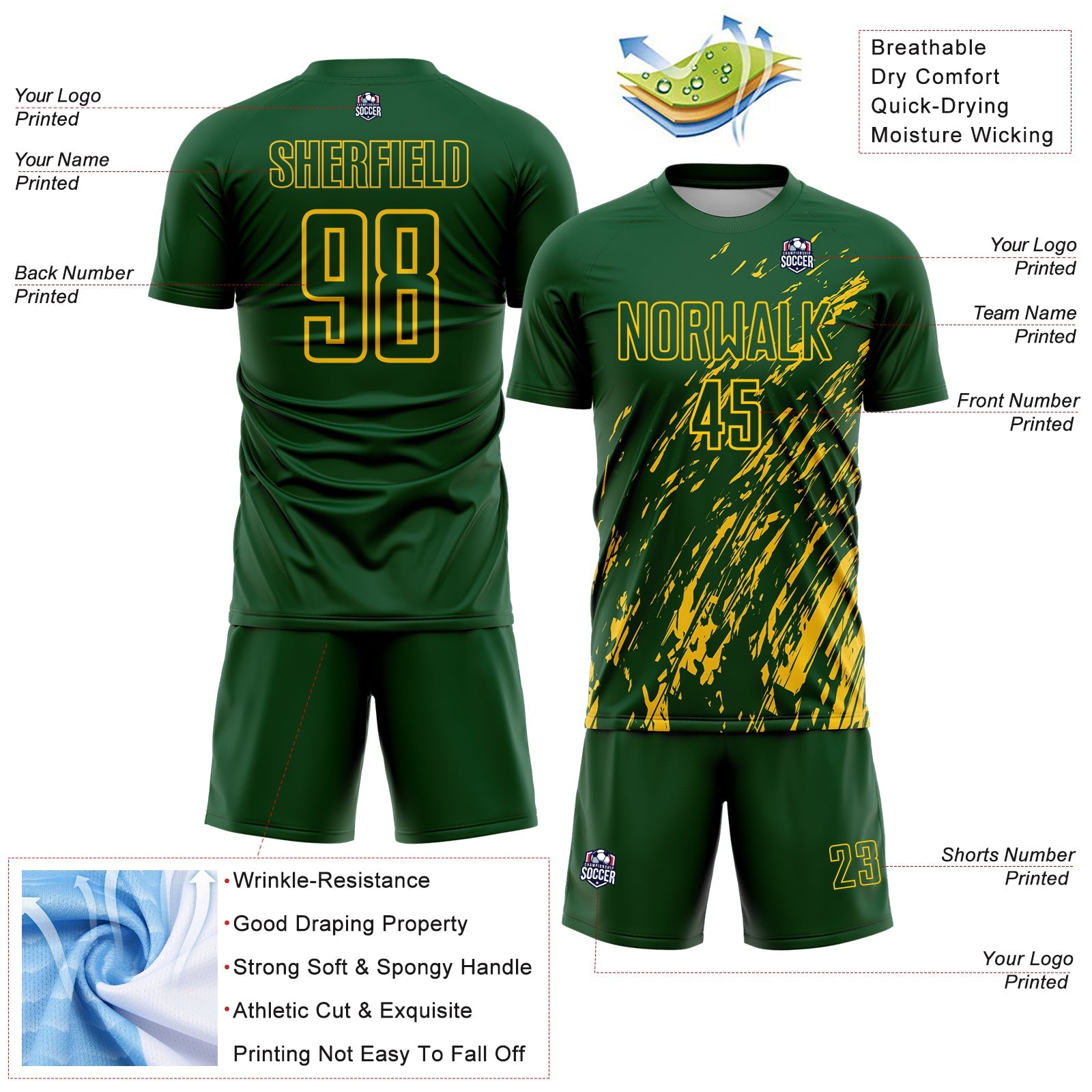 Custom Green Yellow Splash Sublimation Soccer Uniform Jersey