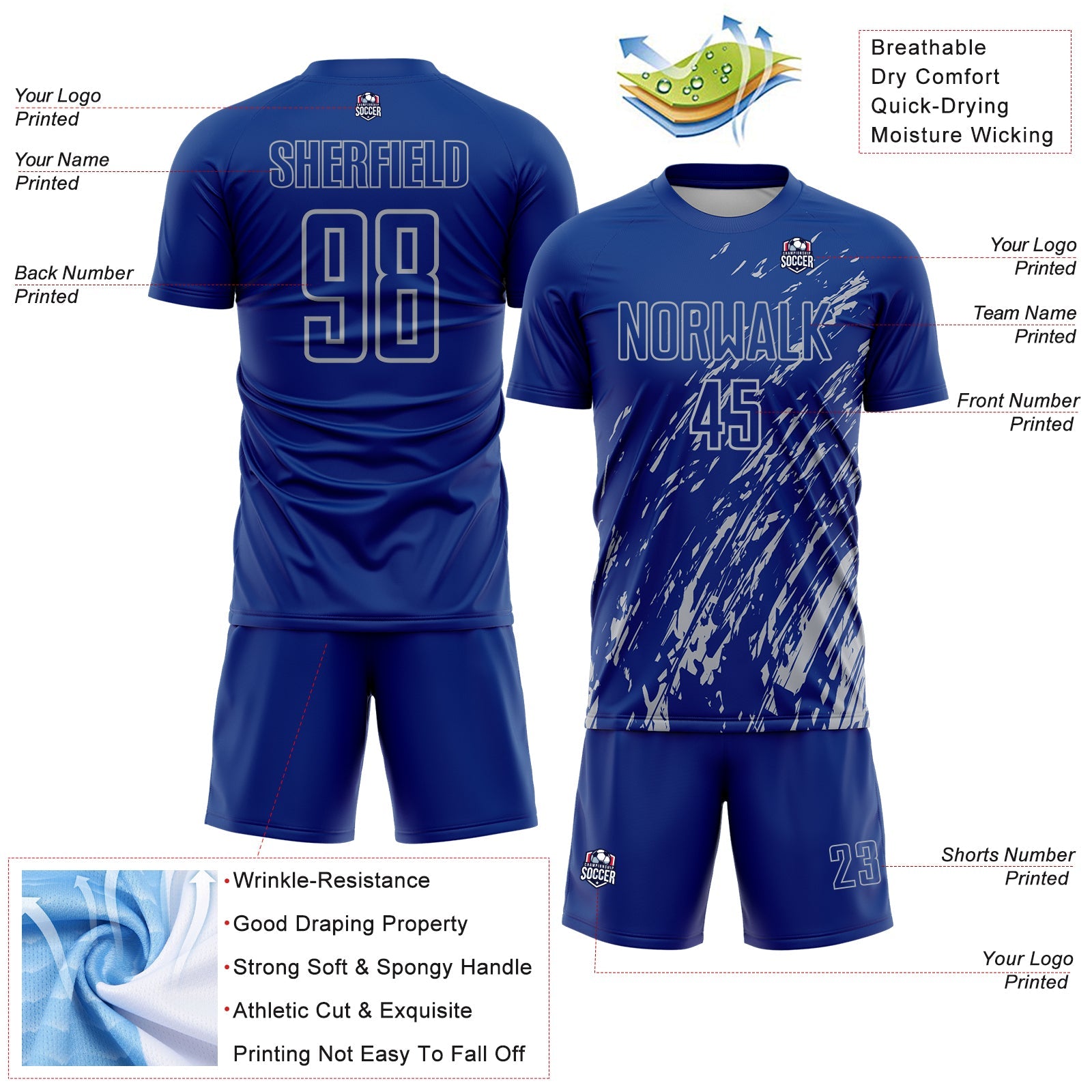 Custom Royal Gray Splash Sublimation Soccer Uniform Jersey