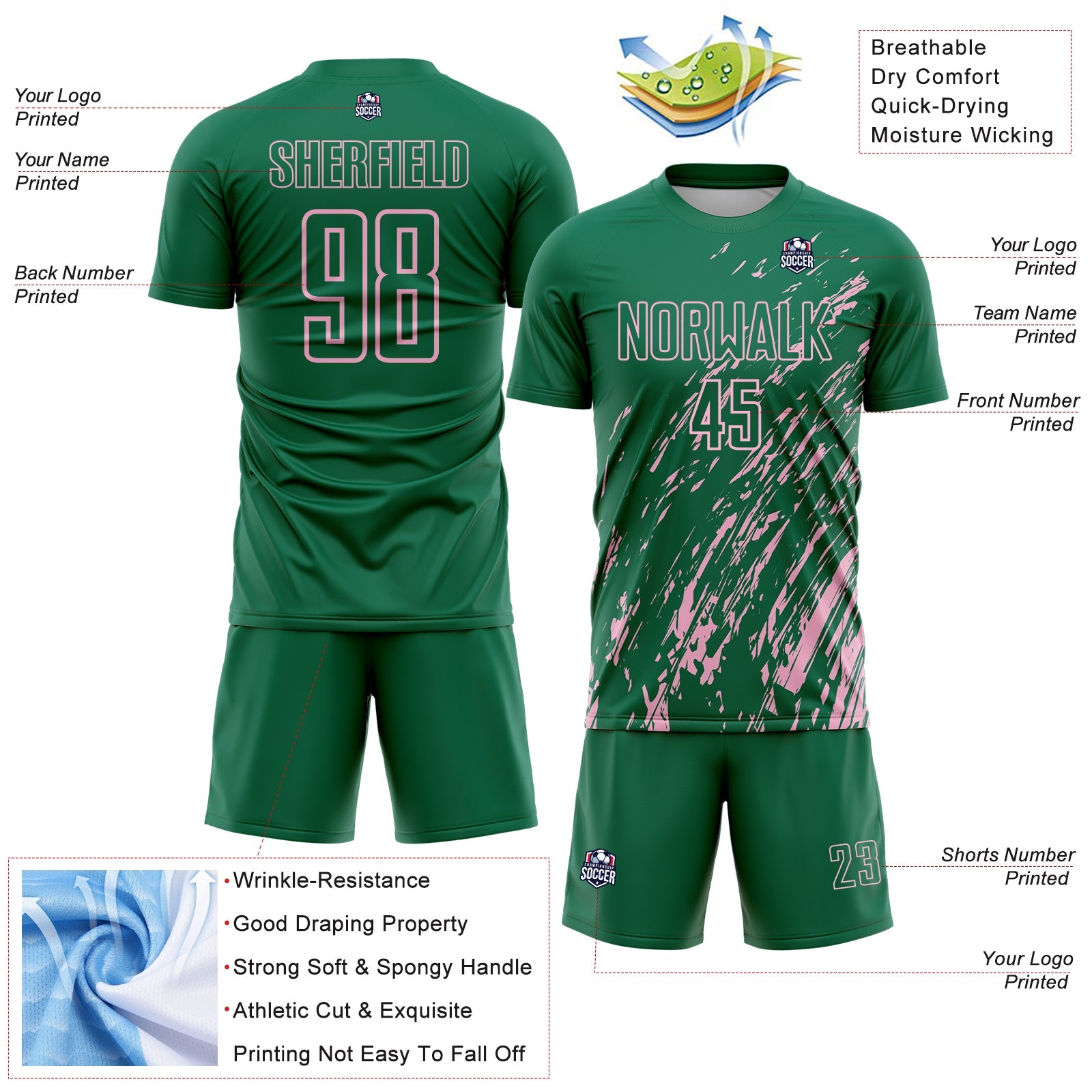 Custom Kelly Green Light Pink Splash Sublimation Soccer Uniform Jersey