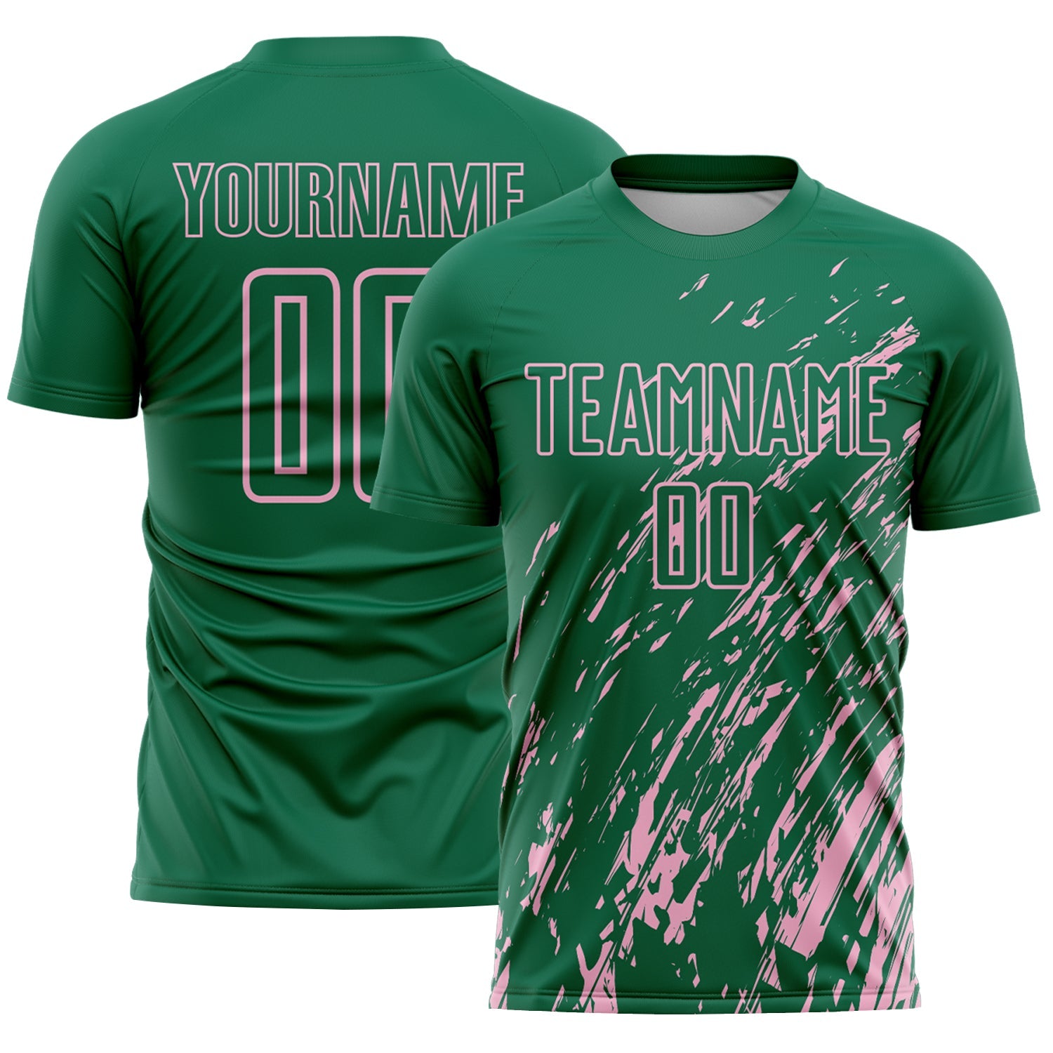 Custom Kelly Green Light Pink Splash Sublimation Soccer Uniform Jersey