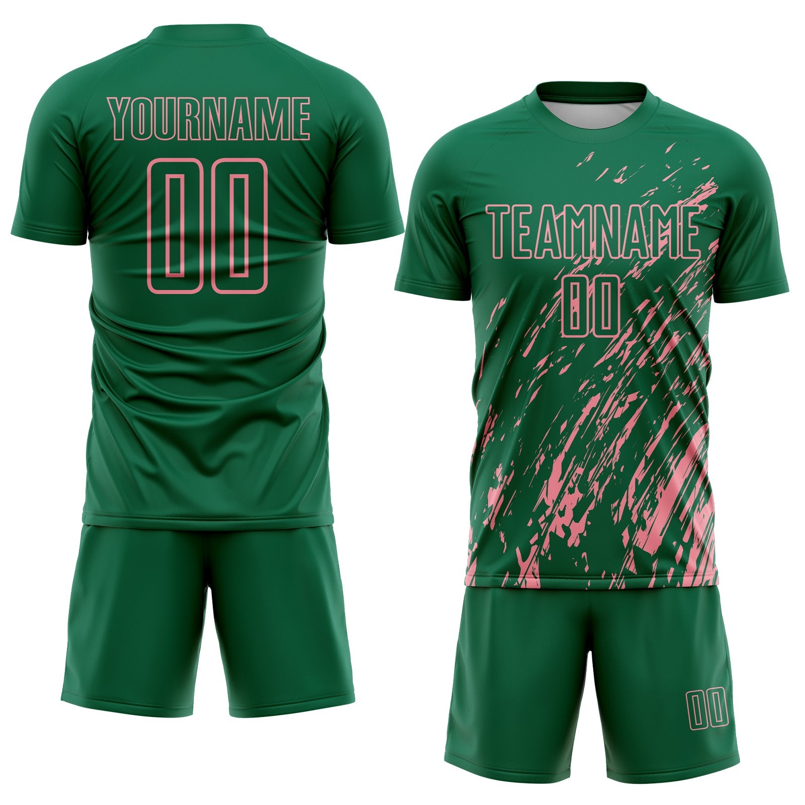 Custom Kelly Green Medium Pink Splash Sublimation Soccer Uniform Jersey