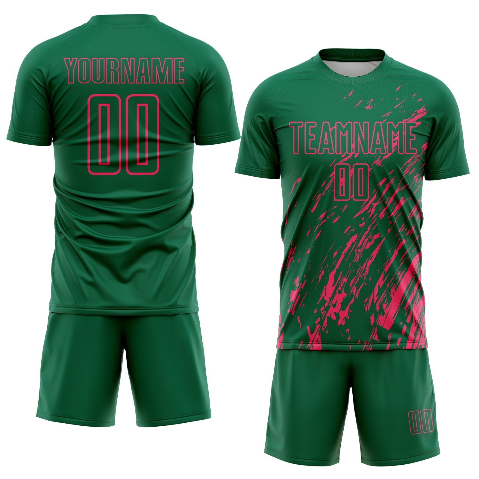 Custom Kelly Green Neon Pink Splash Sublimation Soccer Uniform Jersey