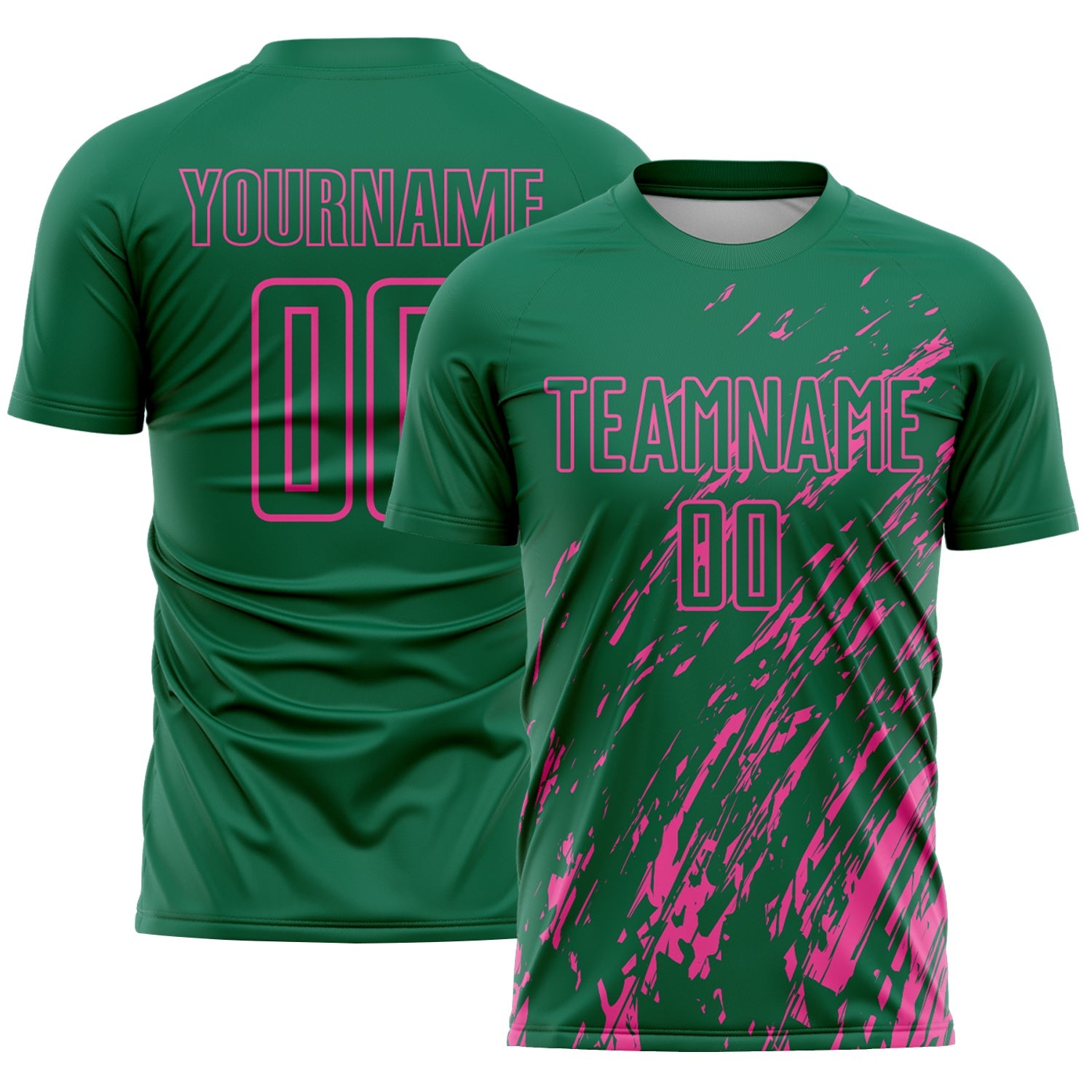 Custom Kelly Green Pink Splash Sublimation Soccer Uniform Jersey