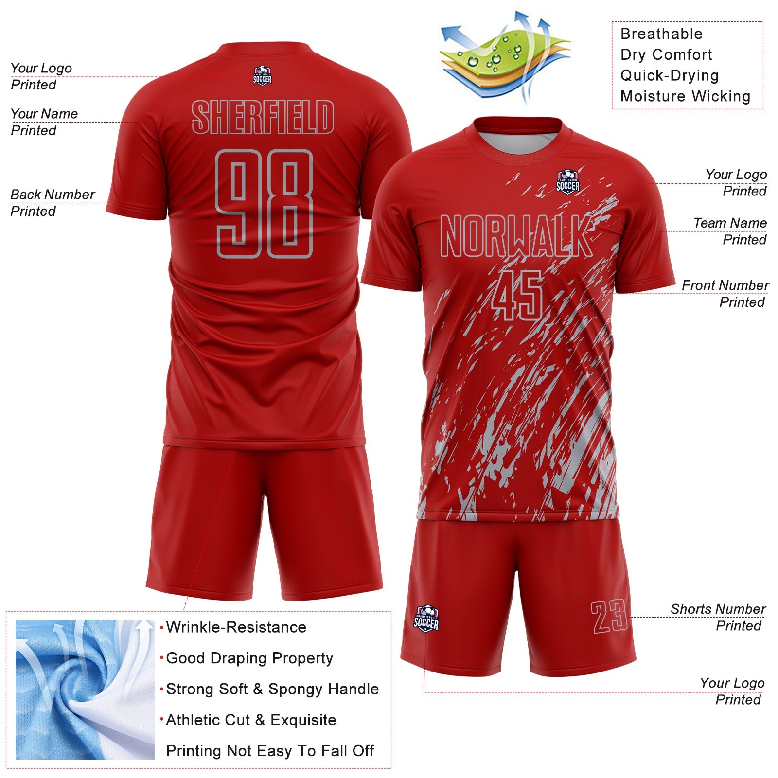 Custom Red Gray Splash Sublimation Soccer Uniform Jersey