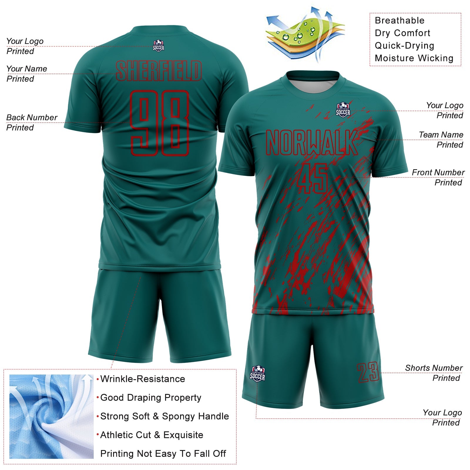 Custom Teal Red Splash Sublimation Soccer Uniform Jersey