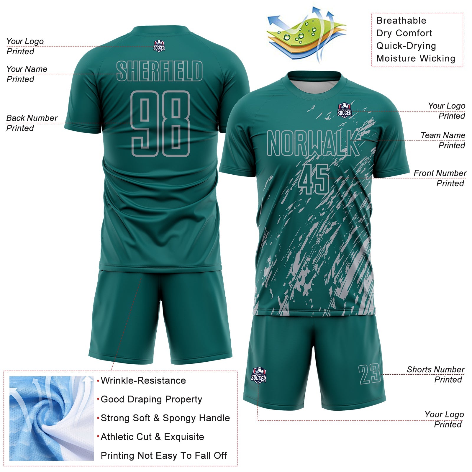 Custom Teal Gray Splash Sublimation Soccer Uniform Jersey
