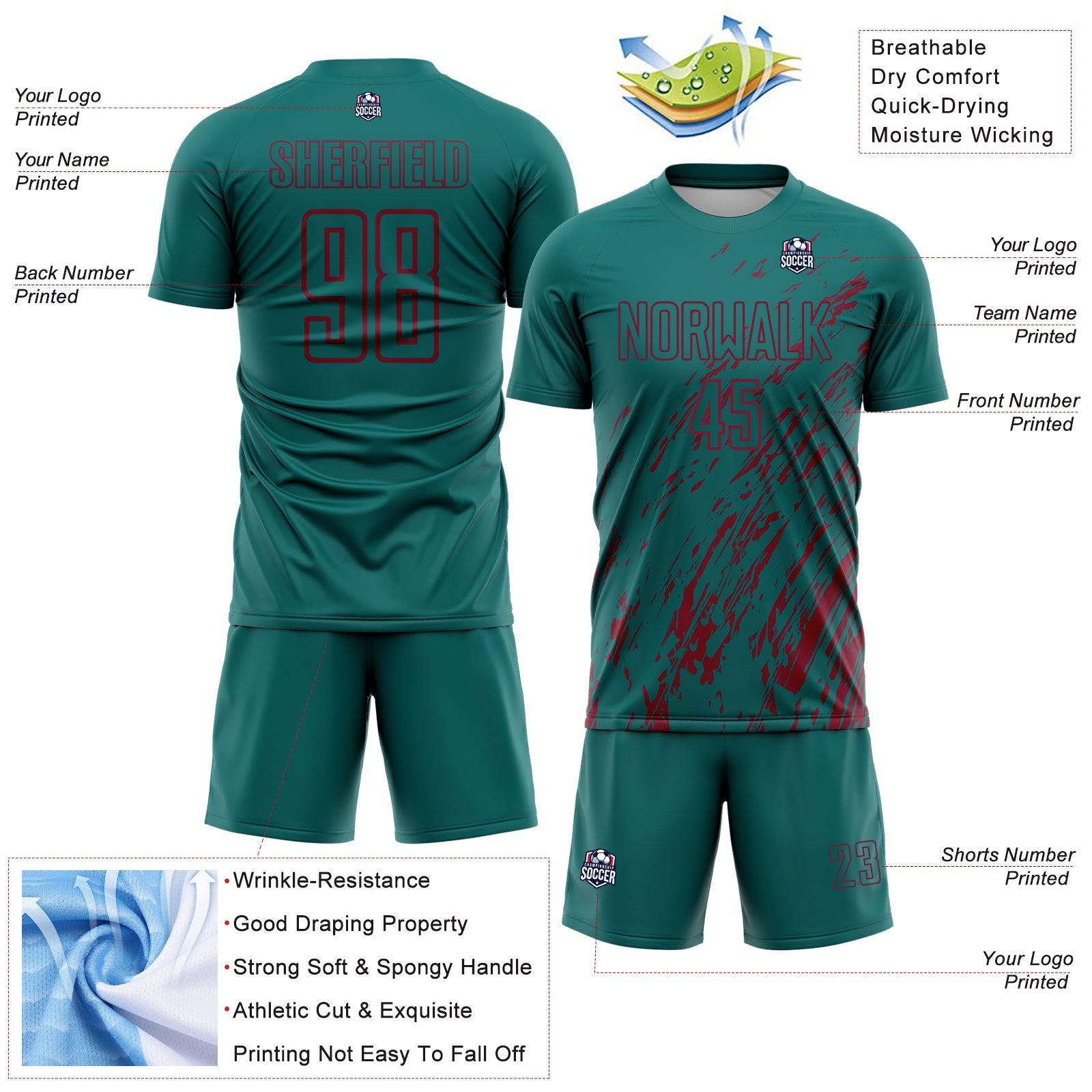 Custom Teal Crimson Splash Sublimation Soccer Uniform Jersey