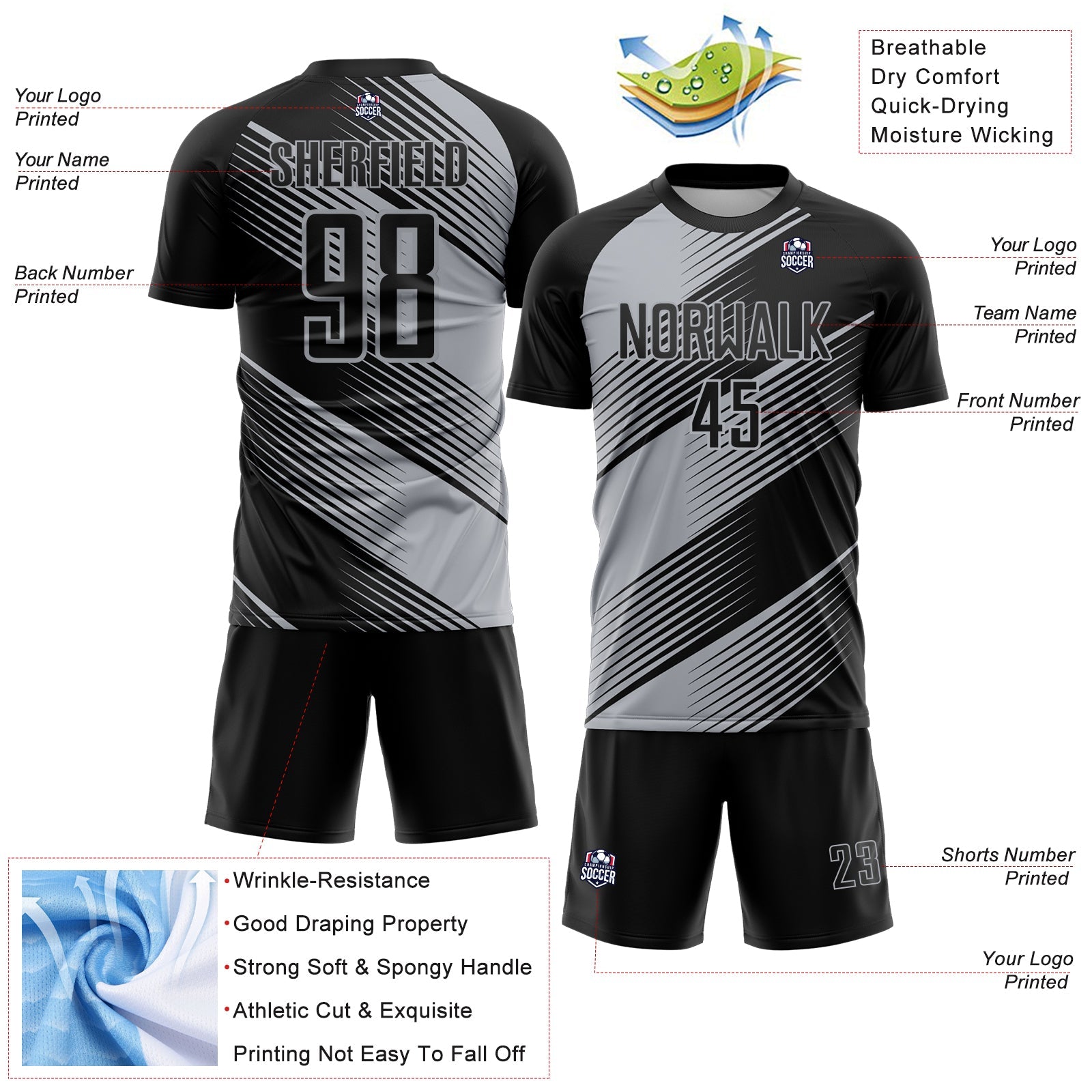 Custom Black Gray Line Sublimation Soccer Uniform Jersey
