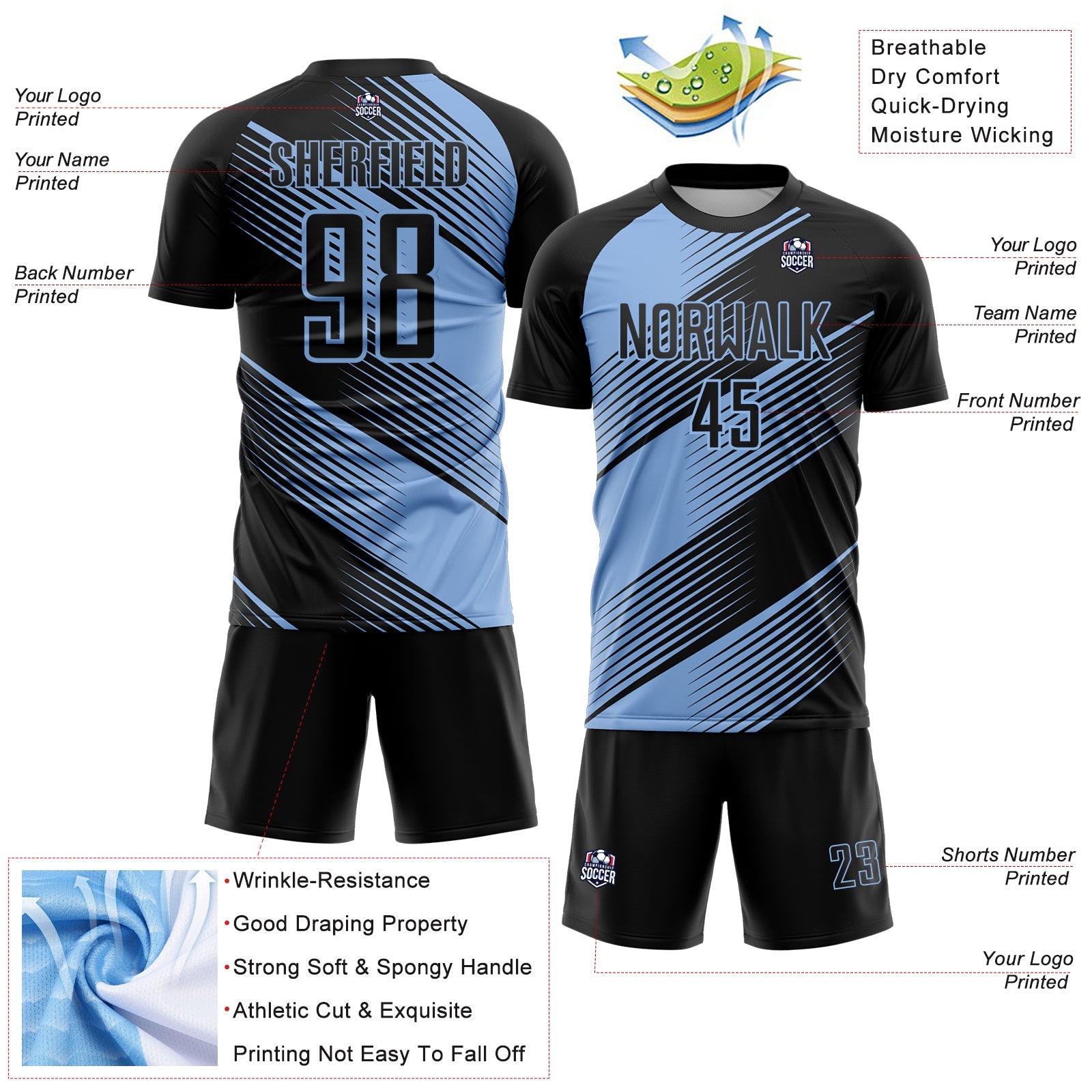 Custom Black Light Blue Line Sublimation Soccer Uniform Jersey