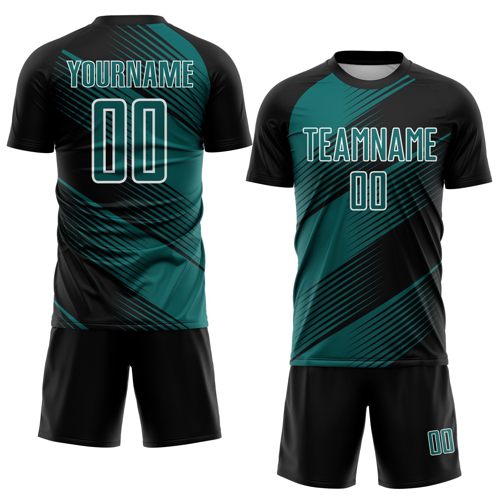Custom Black Teal-White Line Sublimation Soccer Uniform Jersey