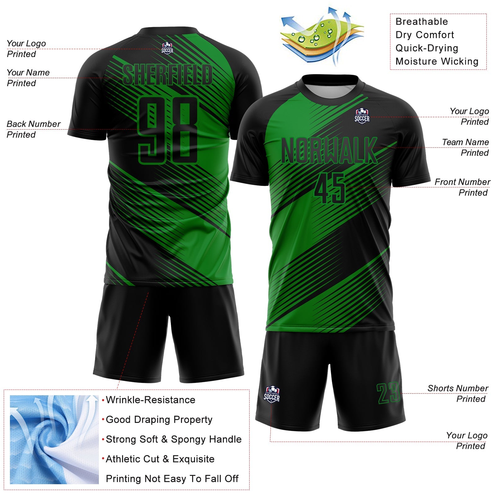 Custom Black Grass Green Line Sublimation Soccer Uniform Jersey