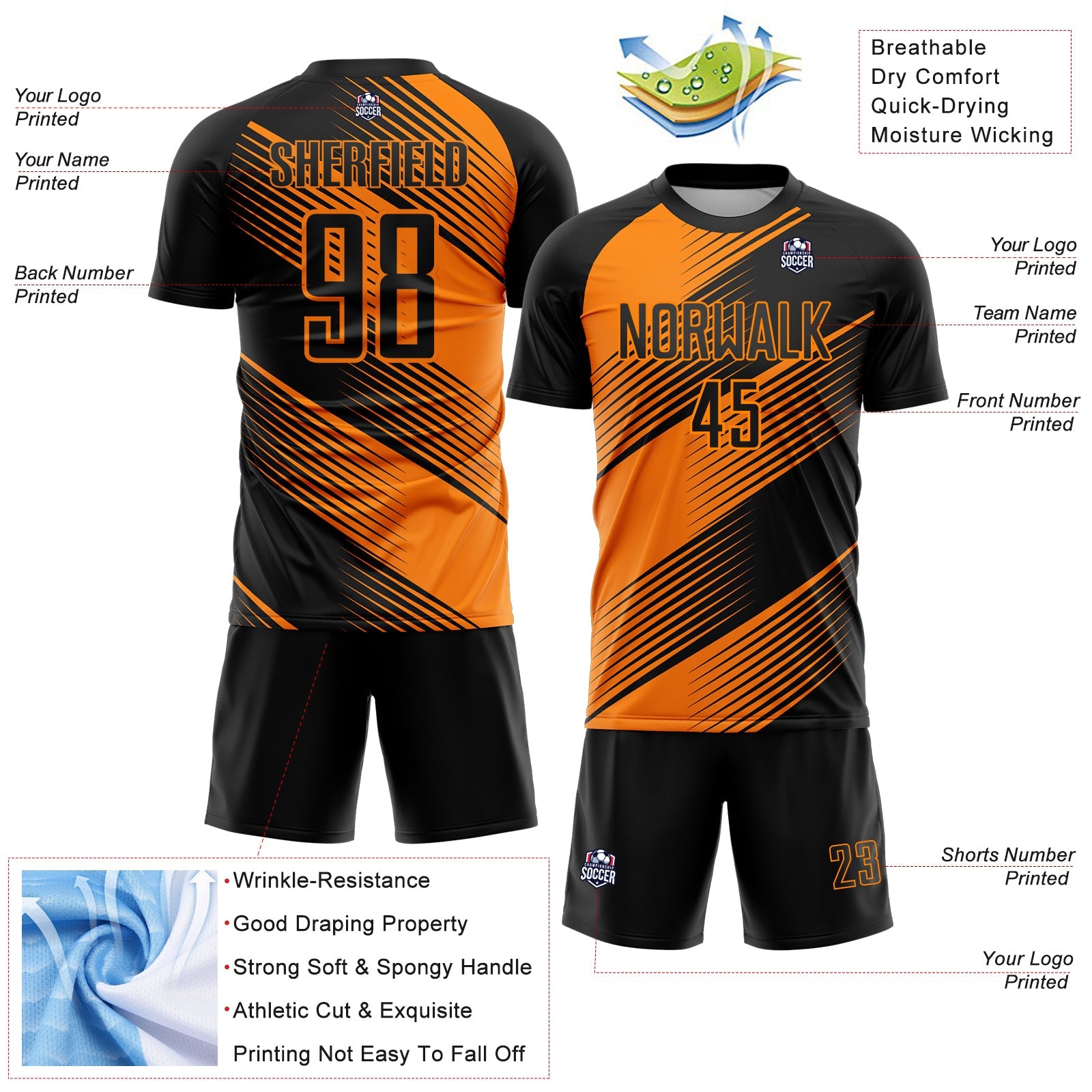 Custom Black Bay Orange Line Sublimation Soccer Uniform Jersey
