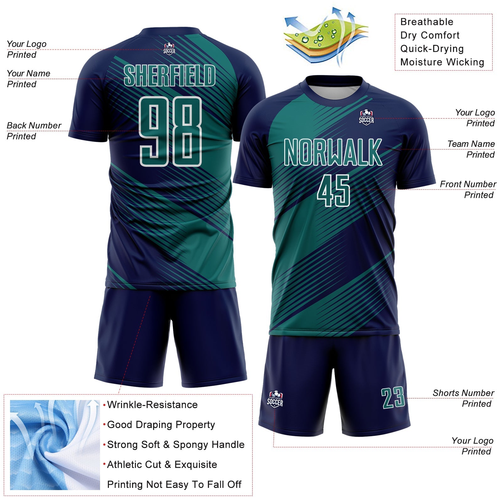 Custom Navy Teal-White Line Sublimation Soccer Uniform Jersey