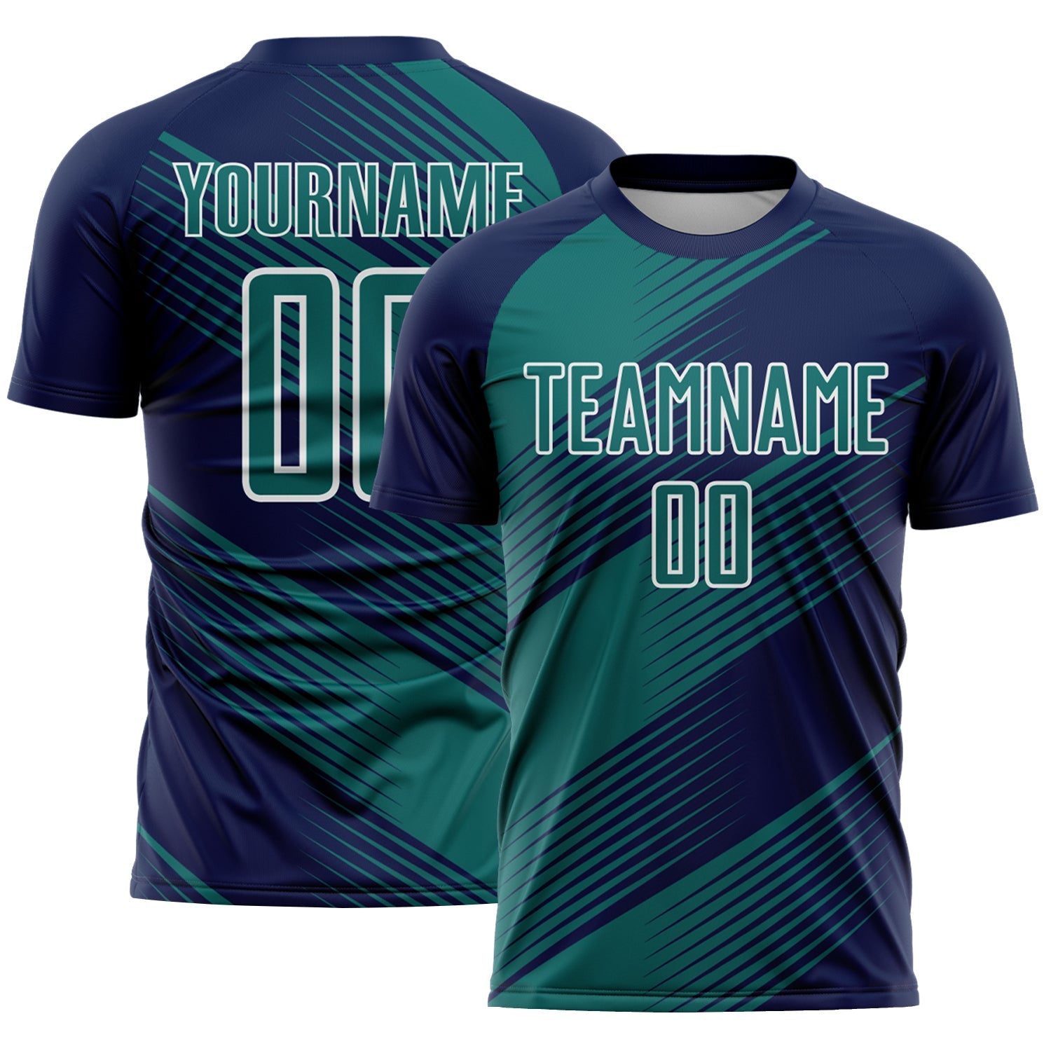 Custom Navy Teal-White Line Sublimation Soccer Uniform Jersey