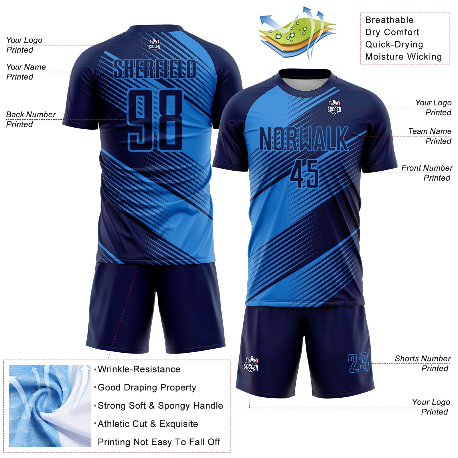 Custom Navy Powder Blue Line Sublimation Soccer Uniform Jersey
