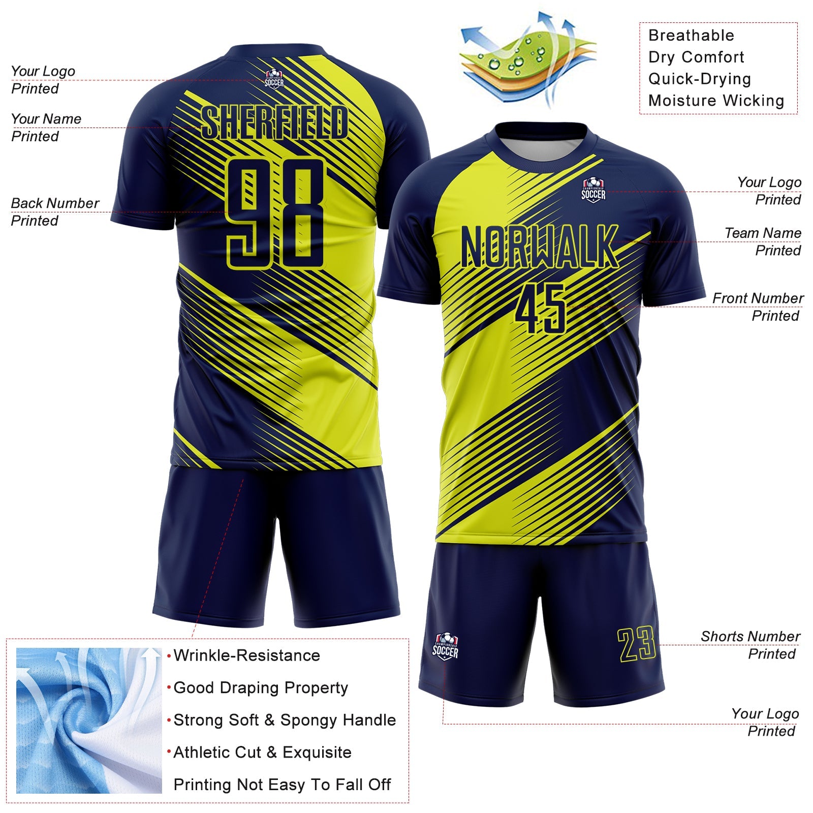 Custom Navy Neon Yellow Line Sublimation Soccer Uniform Jersey