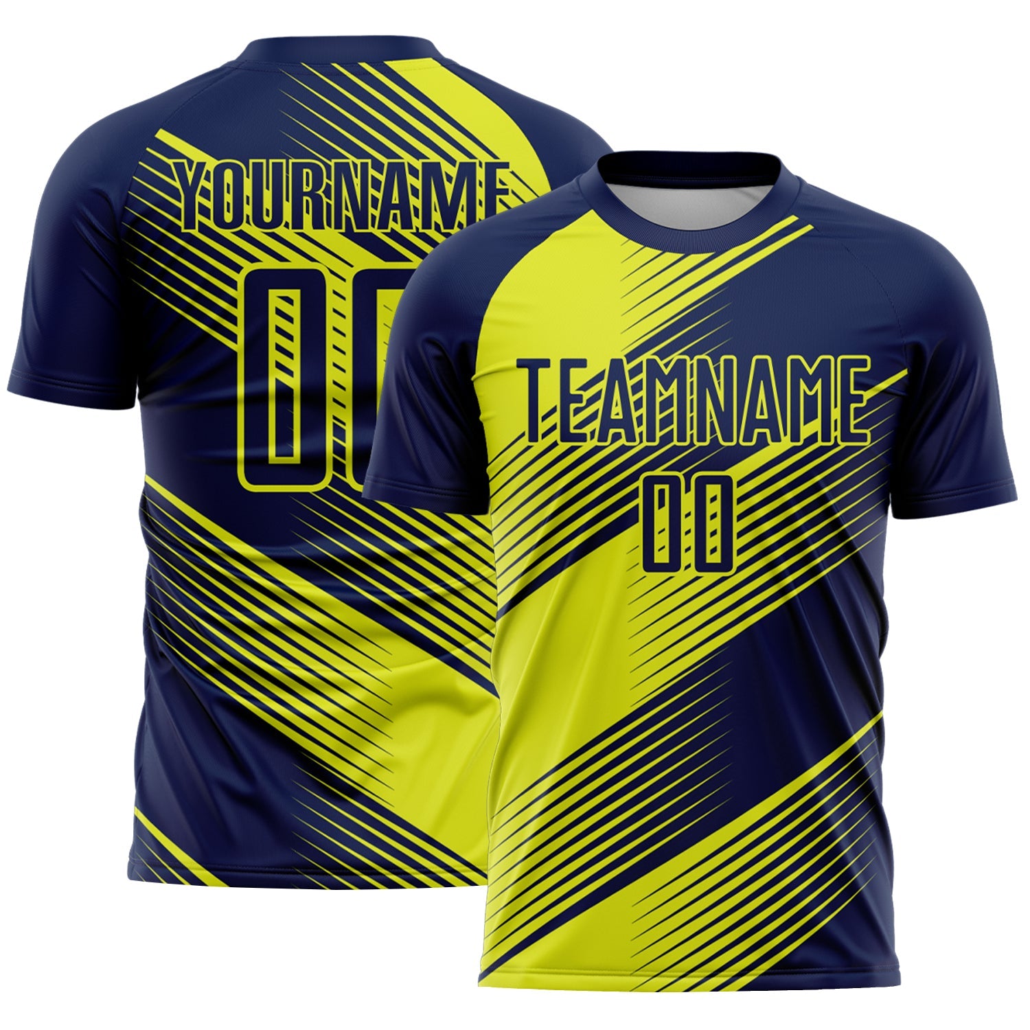 Custom Navy Neon Yellow Line Sublimation Soccer Uniform Jersey