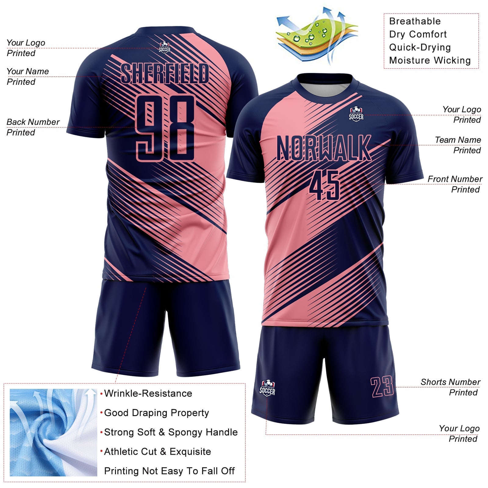 Custom Navy Medium Pink Line Sublimation Soccer Uniform Jersey