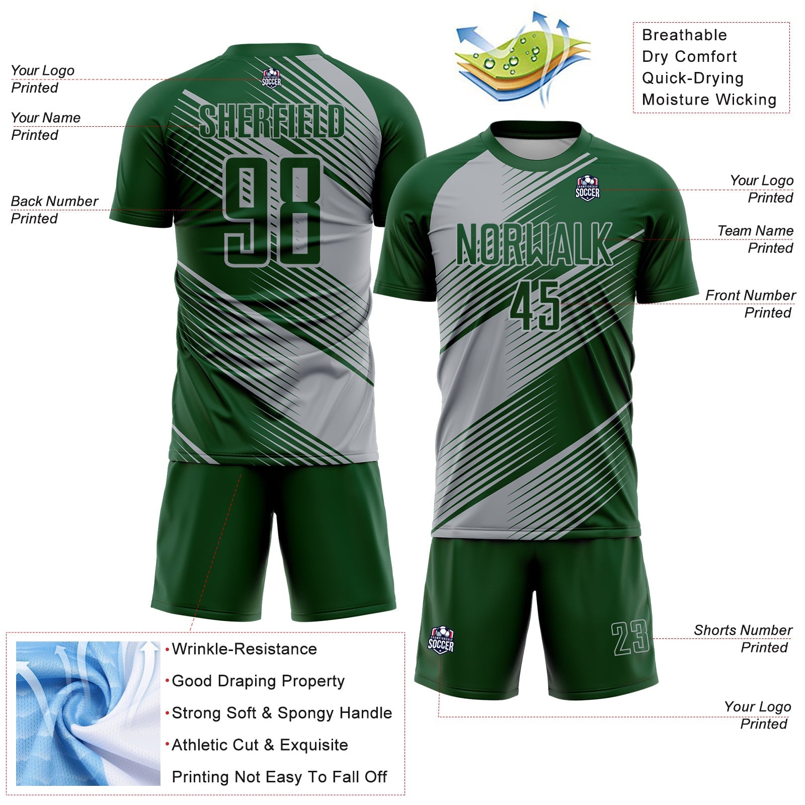 Custom Green Gray Line Sublimation Soccer Uniform Jersey