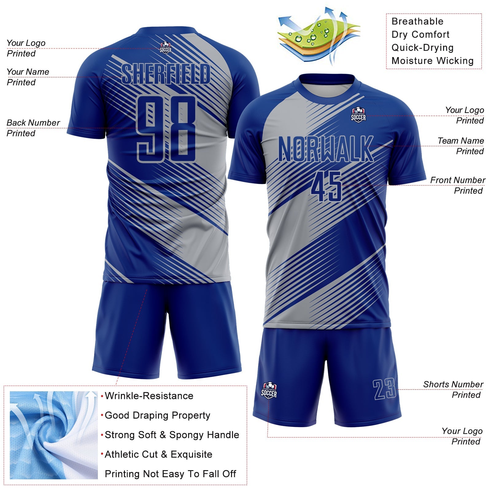 Custom Royal Gray Line Sublimation Soccer Uniform Jersey