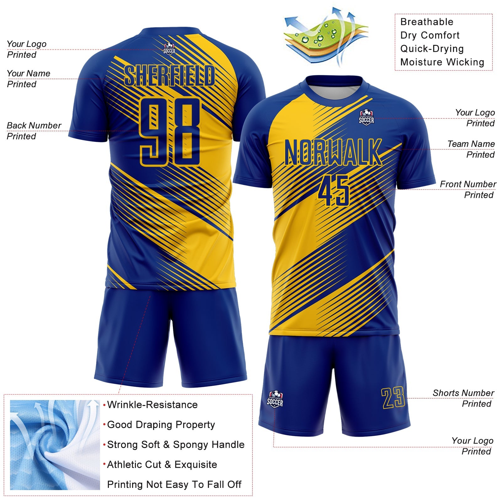 Custom Royal Yellow Line Sublimation Soccer Uniform Jersey