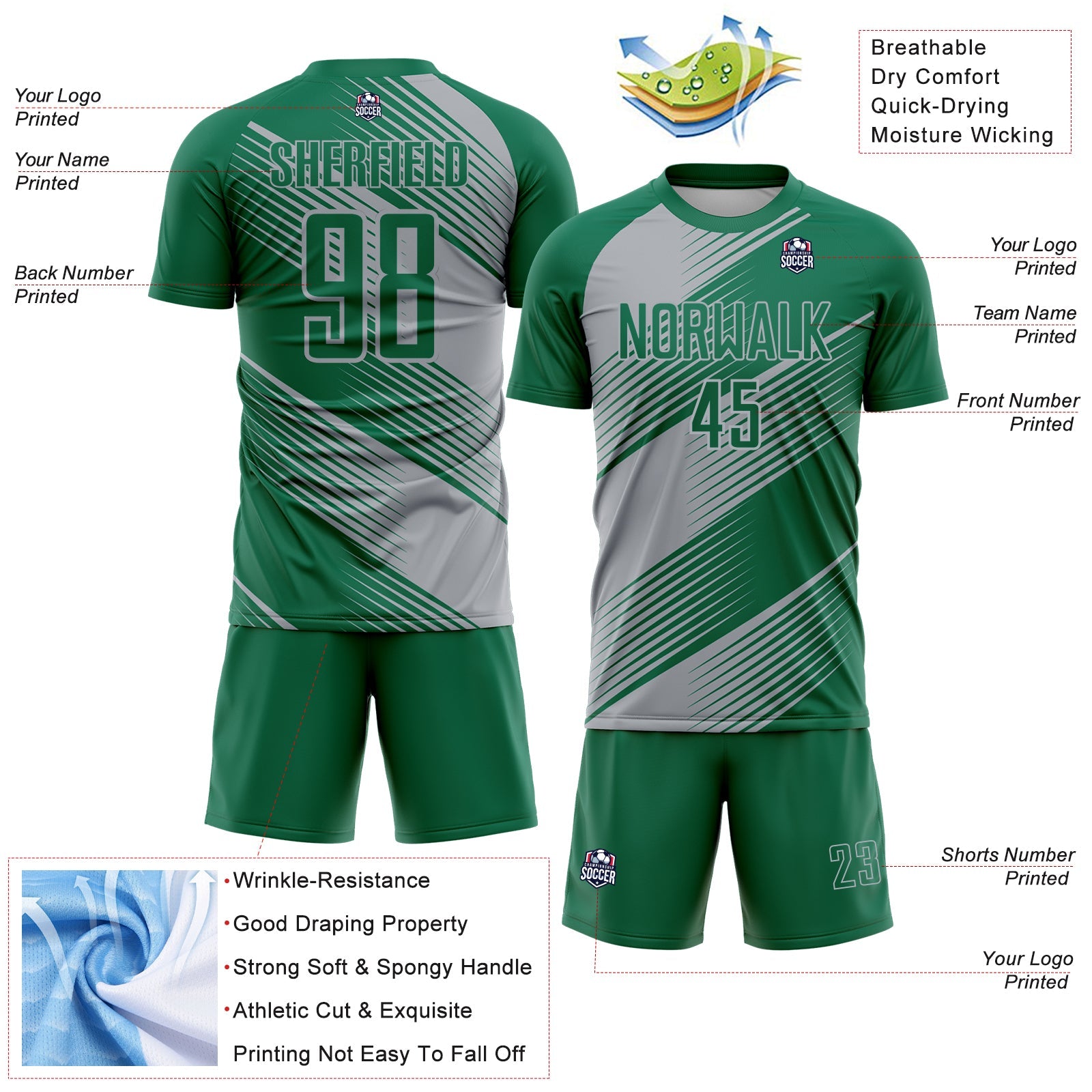 Custom Kelly Green Gray Line Sublimation Soccer Uniform Jersey