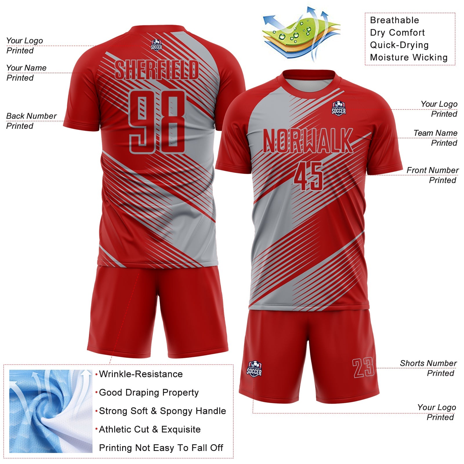 Custom Red Gray Line Sublimation Soccer Uniform Jersey