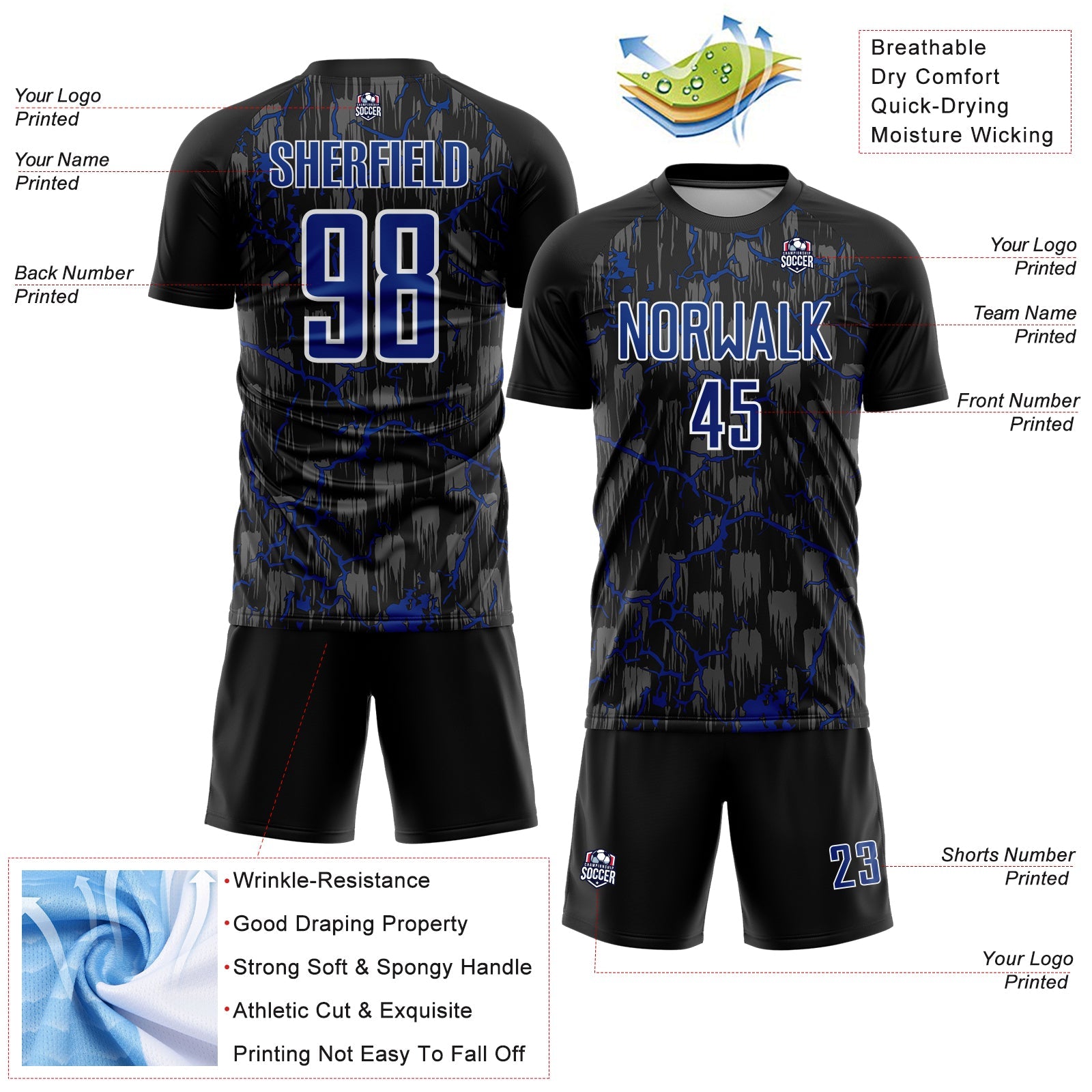 Custom Black Royal-White Lightning Sublimation Soccer Uniform Jersey